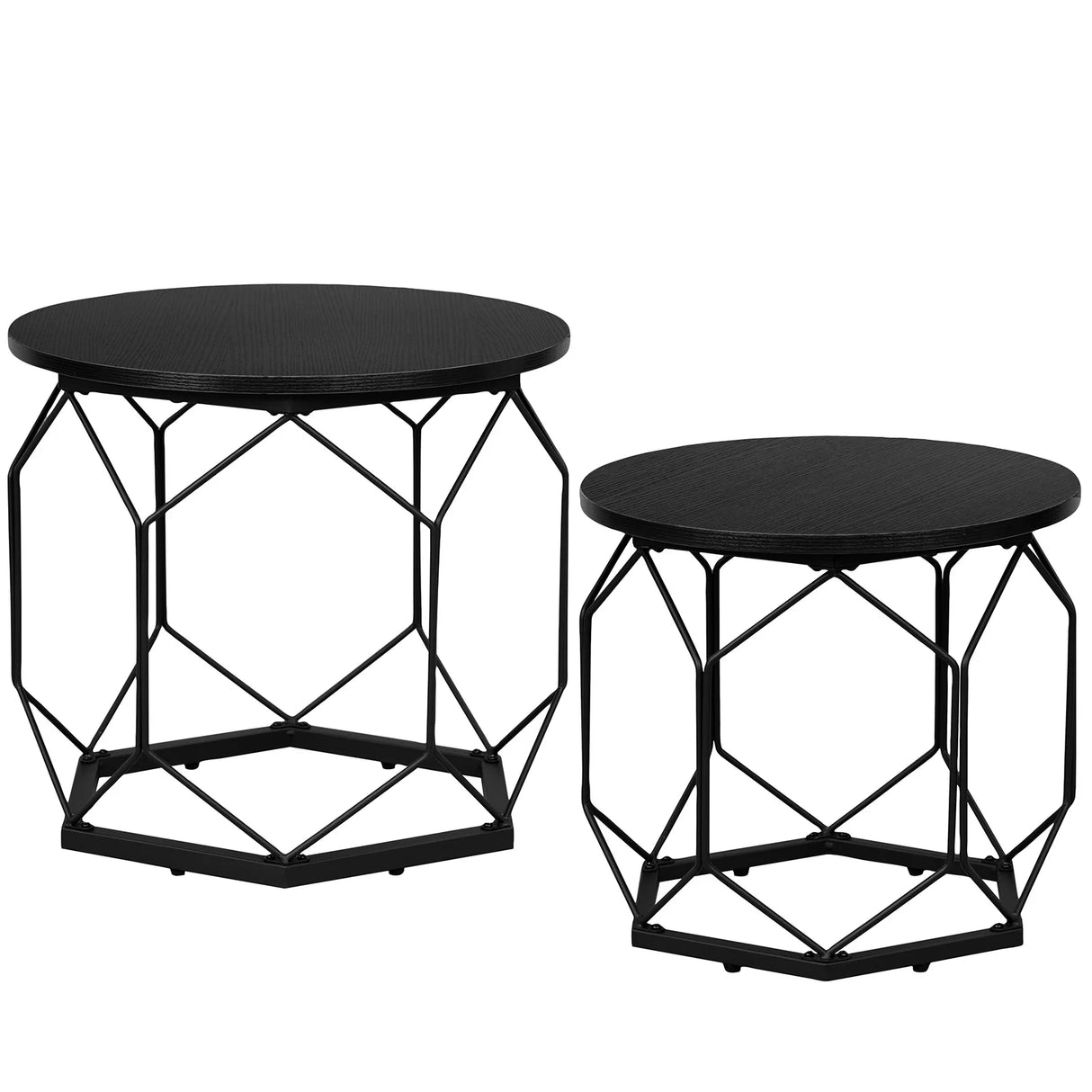 Set van 2 moderne ronde bijzettafels van BukkitBow, met metalen frame en houtlook afwerking, voor in de woonkamer.