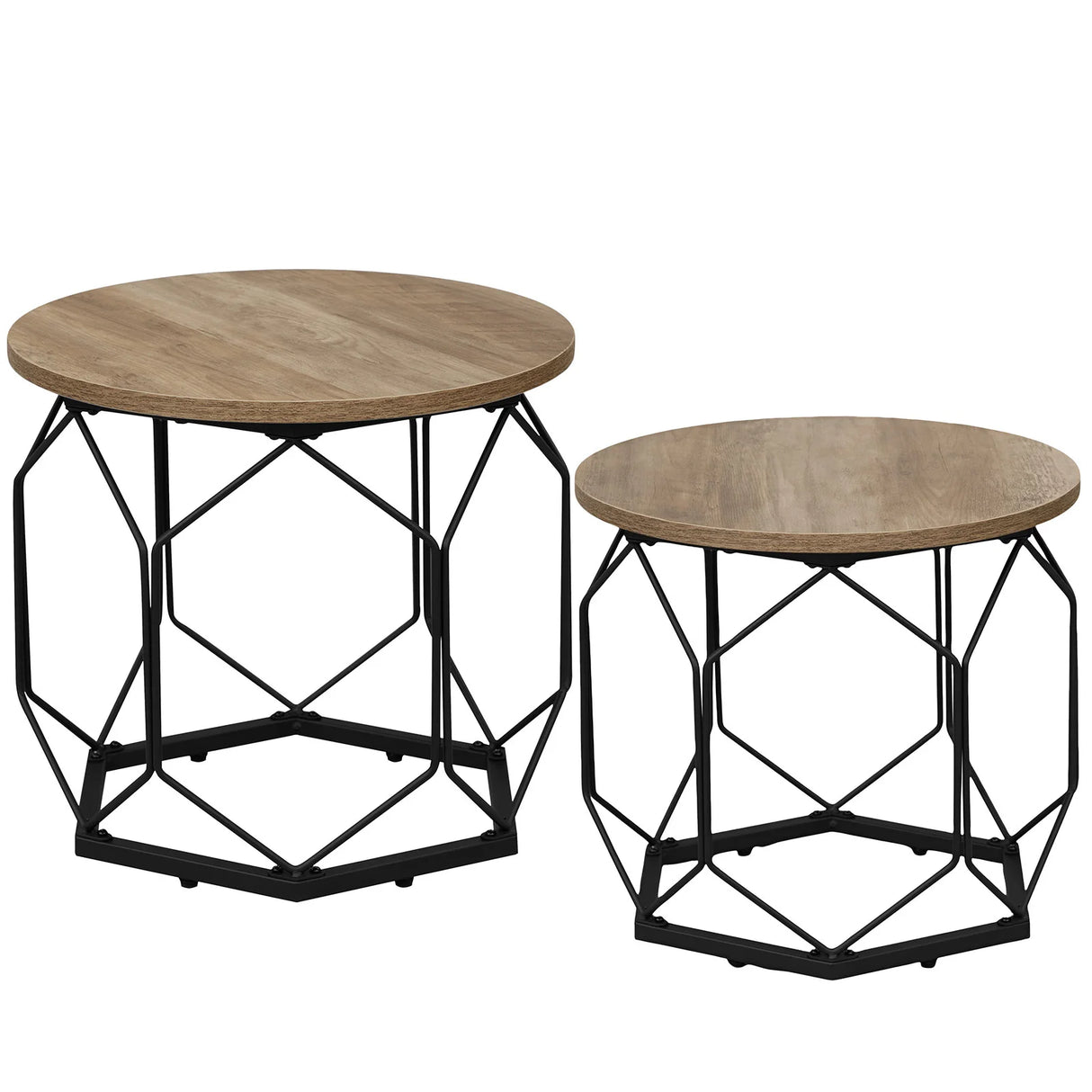 Set van 2 moderne ronde bijzettafels van BukkitBow met metalen frame en houtlook, geschikt voor woonkamer of lounge.