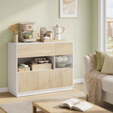 Moderne Scandinavische BukkitBow dressoir met acrylglazen deuren, strak design en houten afwerking voor in de woonkamer.