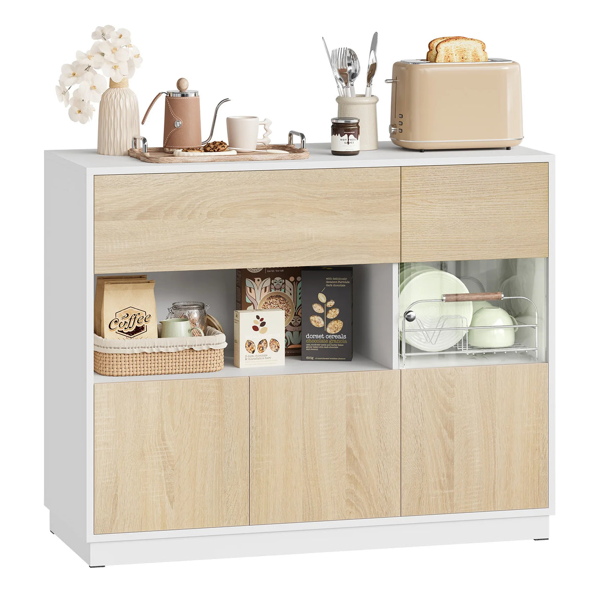 Moderne Scandinavische BukkitBow dressoir met acrylglazen deuren en strak design, ideaal voor woon- of eetkamer.
