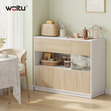 Moderne Scandinavische BukkitBow dressoir met acrylglazen deuren, strak design en houten afwerking, geschikt voor moderne interieurs