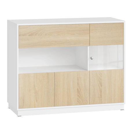 Moderne Scandinavische BukkitBow dressoir met acrylglazen deuren en houten afwerking, geschikt voor woonkamer of eetkamer.