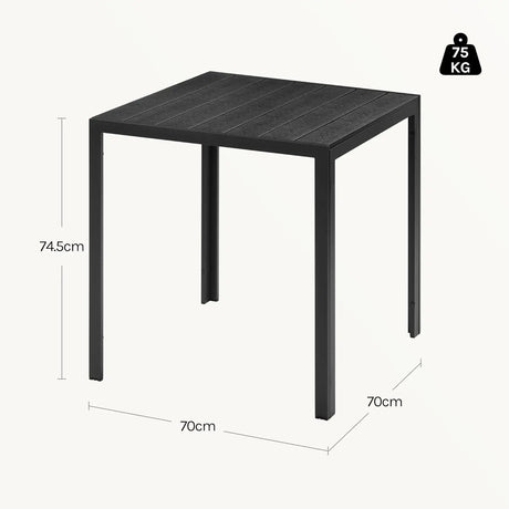 Moderne BukkitBow tuintafel met aluminium frame en WPC tafelblad, perfect voor buitengebruik en tuinmeubilair.