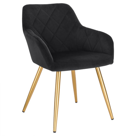 Moderne velvet eetkamerstoel van BukkitBow met armleuningen en metalen poten, comfortabel en stijlvol voor elke eethoek.