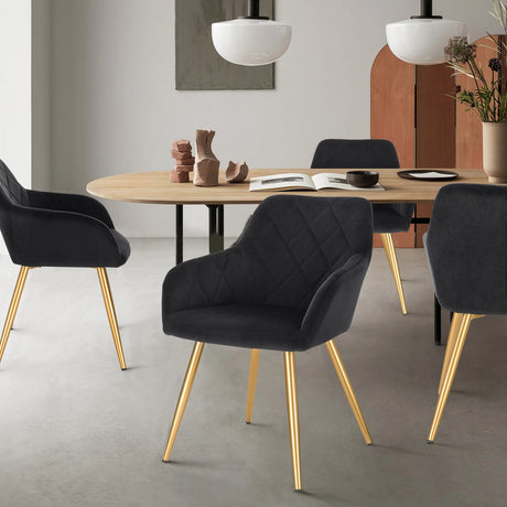 Moderne velvet eetkamerstoel van BukkitBow met armleuningen en metalen poten, stijlvolle en comfortabele zitoptie