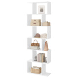 Moderne BukkitBow boekenkast met 6 open vakken en verspringende planken, zwart houten design voor een eigentijdse woonkamer of kantoor.