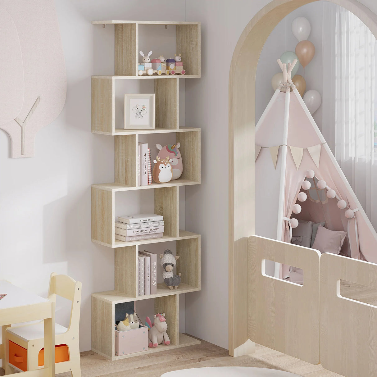 Moderne BukkitBow boekenkast met 6 open vakken en versprongen planken, zwart houten design voor woonkamer of kantoor