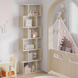Moderne BukkitBow boekenkast met 6 open vakken en versprongen planken, zwart houten design voor woonkamer of kantoor