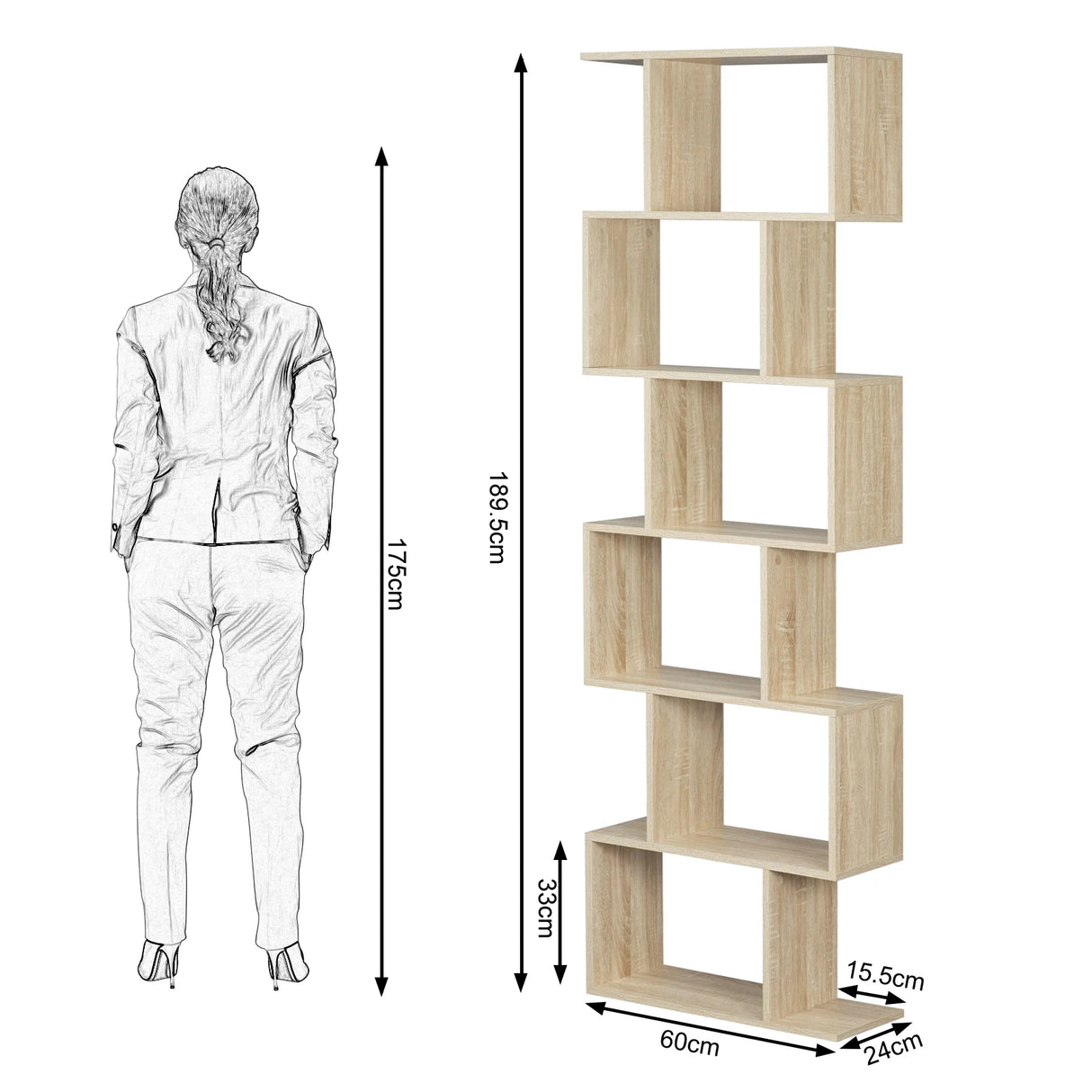 Moderne BukkitBow boekenkast met 6 open vakken, versprongen ontwerp en stevige houten constructie voor stijlvolle opbergruimte
