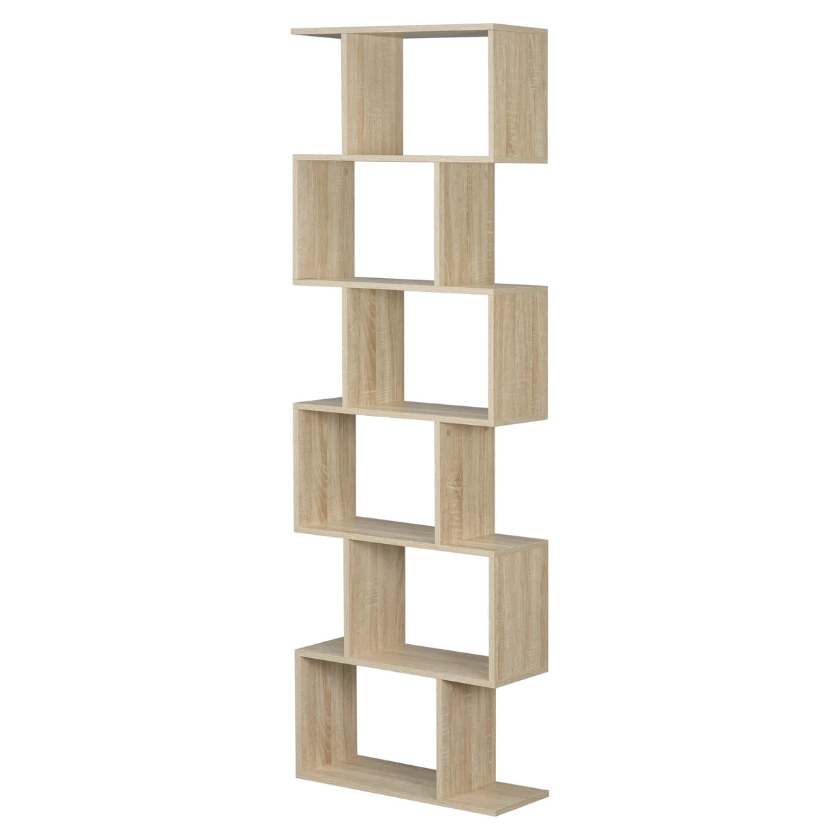 Moderne BukkitBow boekenkast met 6 open vakken en verspringende niveaus, zwart houten design voor woonkamer of kantoor.