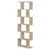 Moderne BukkitBow boekenkast met 6 open vakken en verspringende niveaus, zwart houten design voor woonkamer of kantoor.