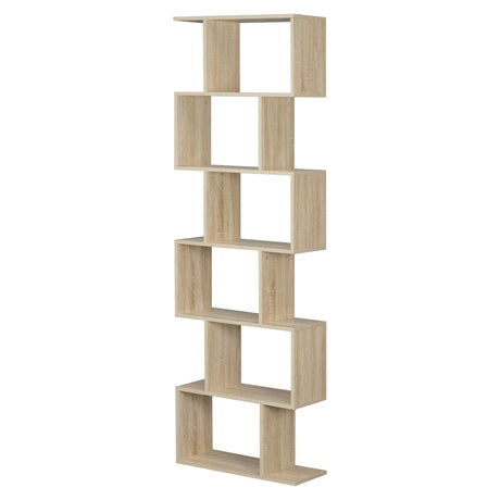Moderne BukkitBow boekenkast met 6 open vakken en verspringende niveaus, zwart houten design voor woonkamer of kantoor.