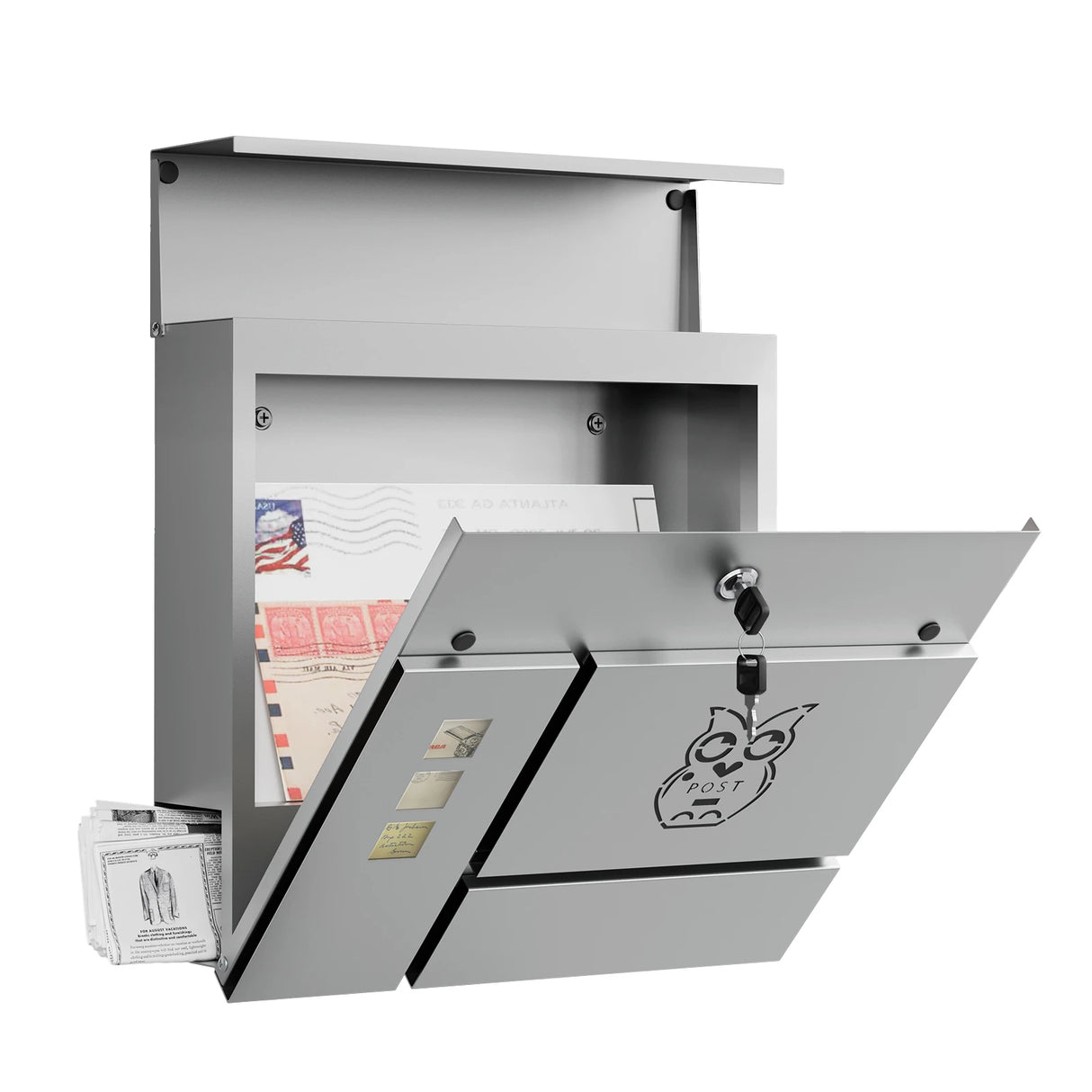 Moderne BukkitBow wandbrievenbus met kijkvensters en uil-motief, geschikt voor buitengebruik, in strakke design en duurzame materialen