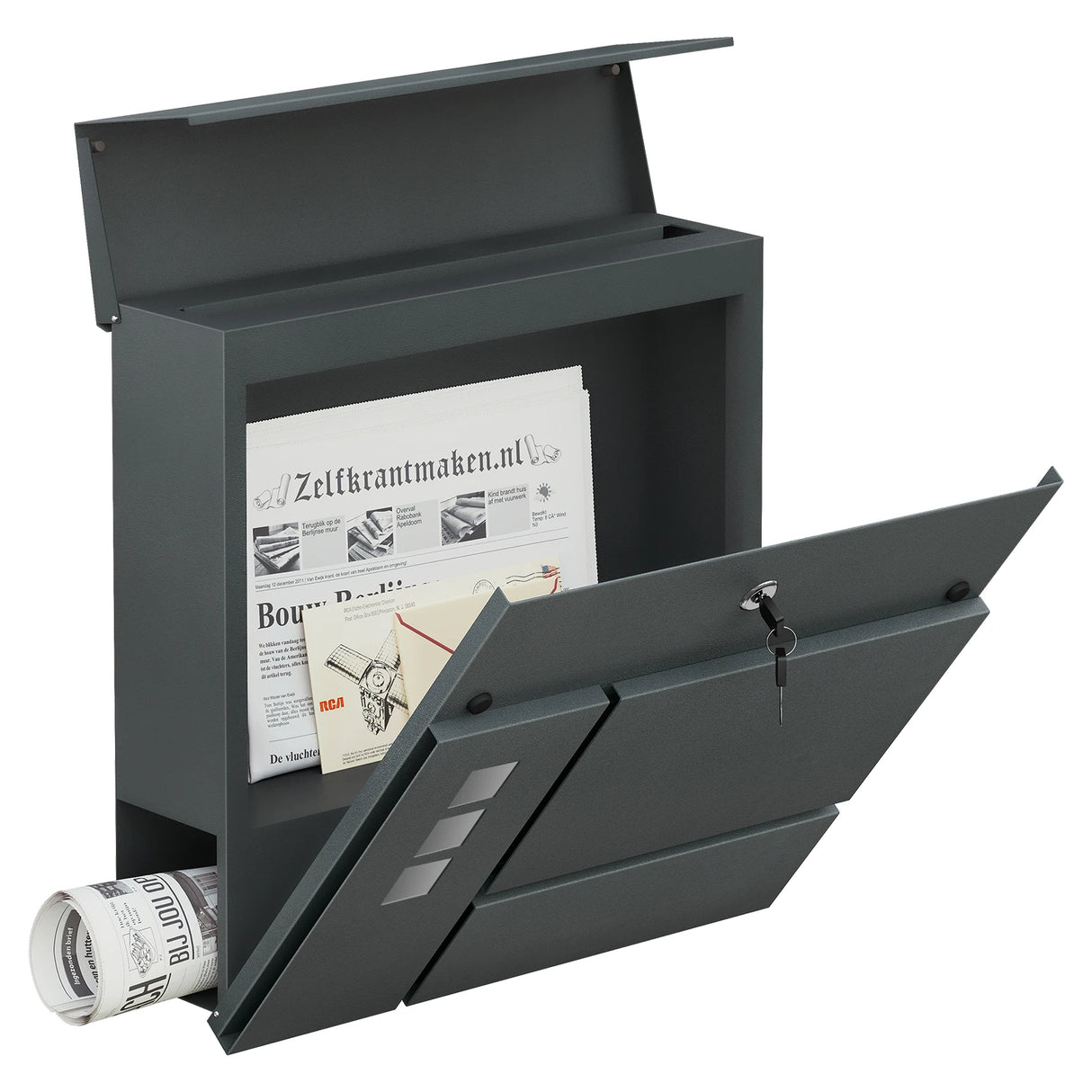 Moderne BukkitBow wandbrievenbus met naamplaatje en krantenvak, zwart metalen ontwerp voor gevelmontage.