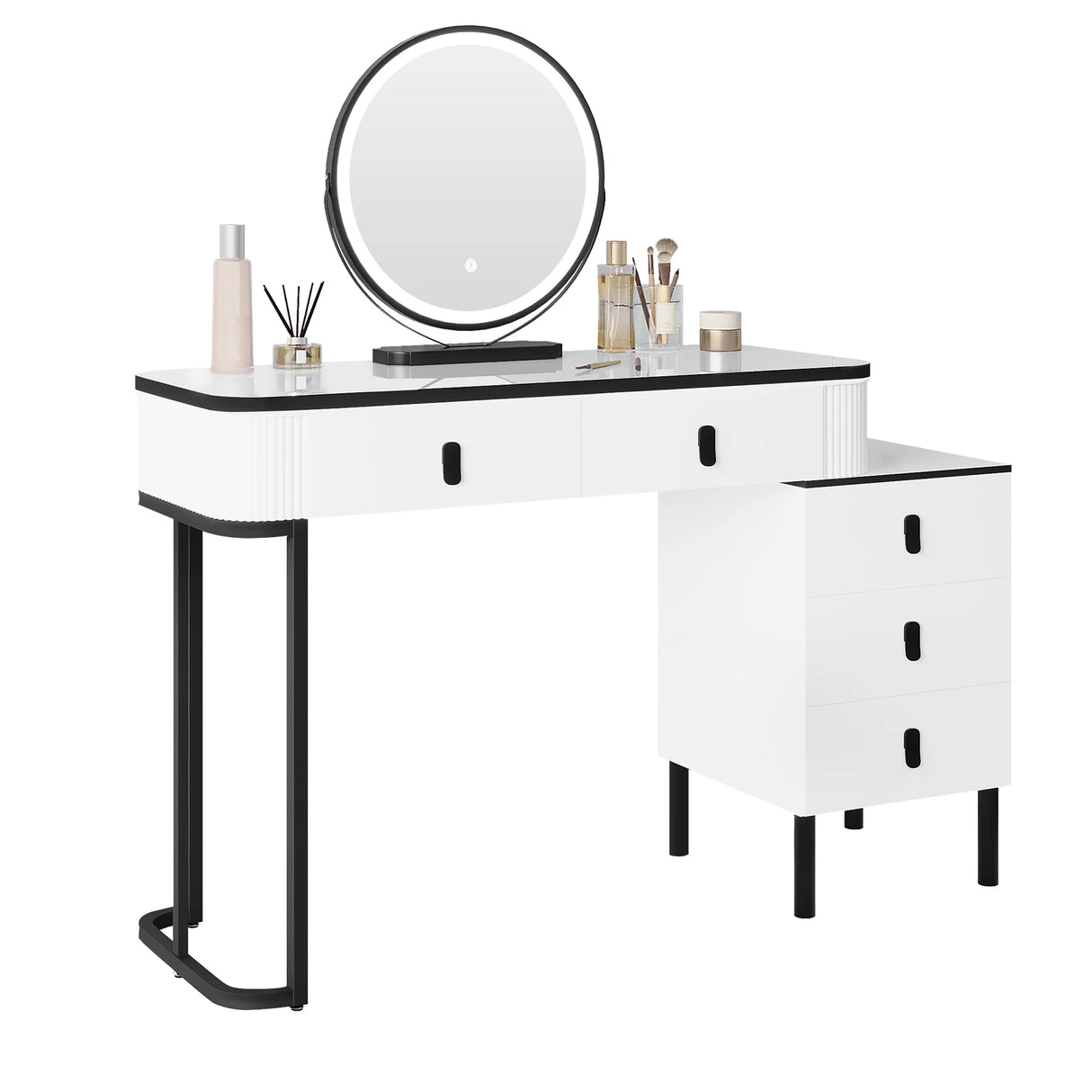 Moderne witte en zwarte BukkitBow kaptafel met LED-spiegel en lade, perfect voor een stijlvolle slaapkamer of make-up ruimte.