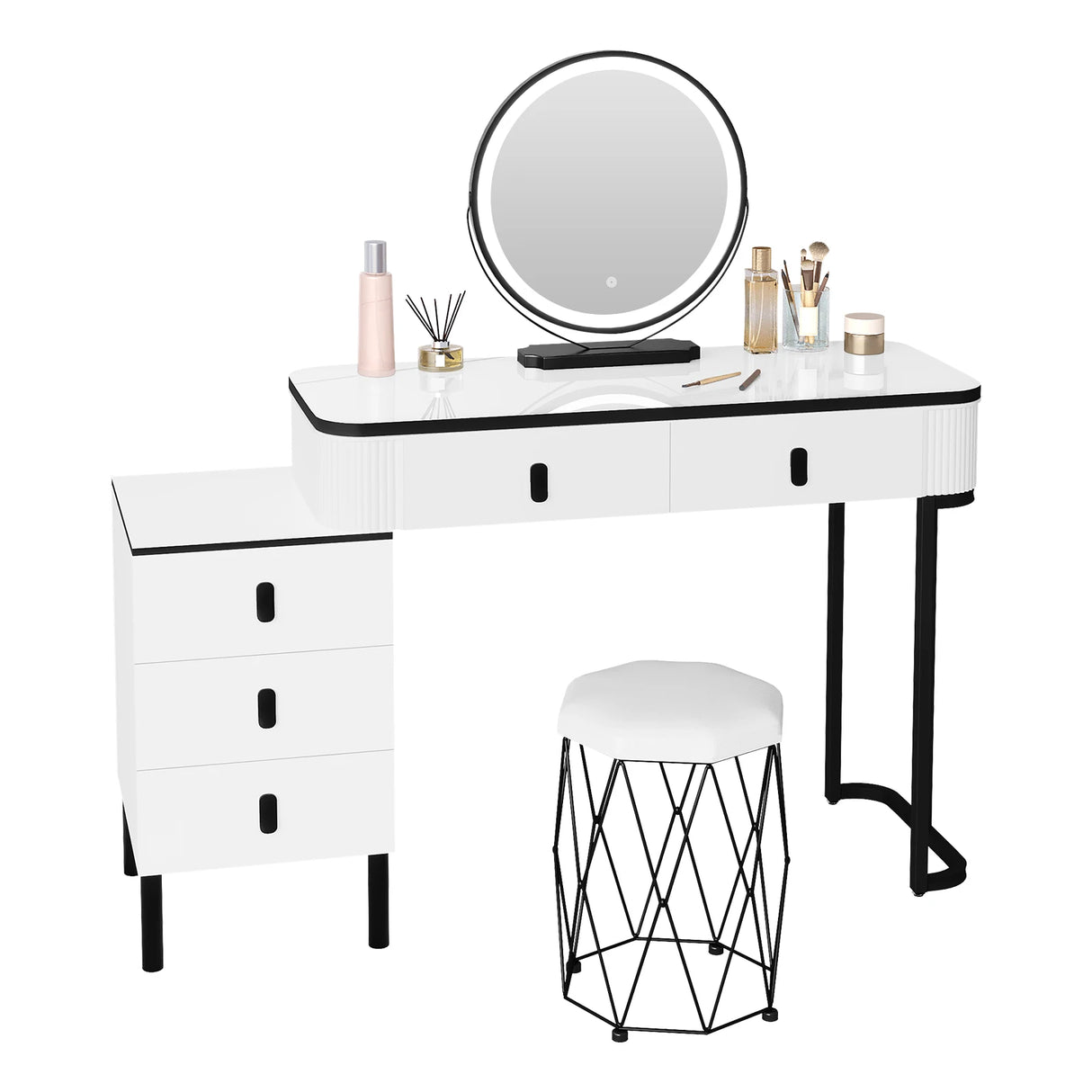 Moderne witte en zwarte BukkitBow kaptafel met LED-spiegel en opbergvakken, perfect voor elegante slaapkamer decoratie.