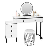 Moderne witte en zwarte BukkitBow kaptafel met LED-spiegel en opbergvakken, perfect voor elegante slaapkamer decoratie.