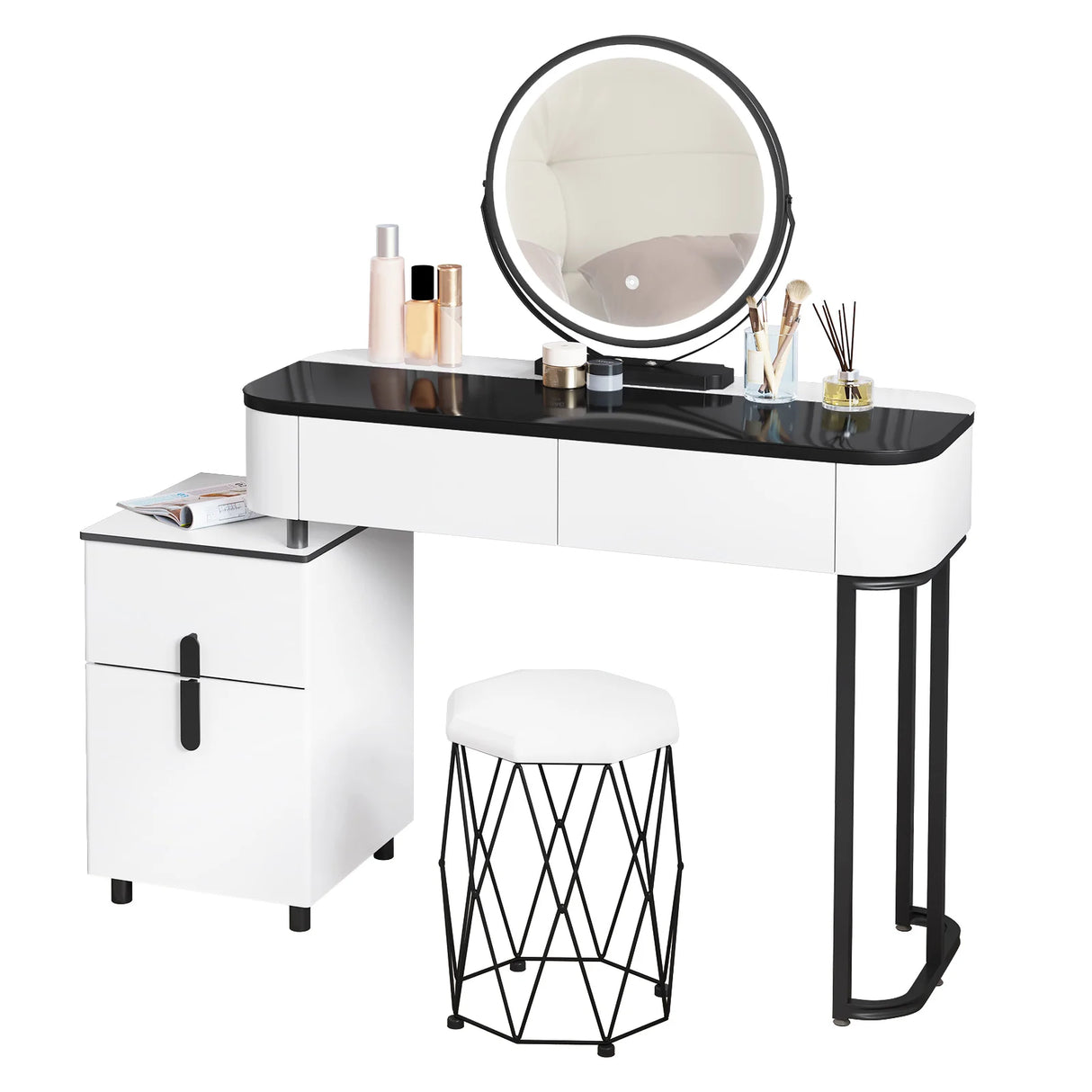 Moderne witte BukkitBow kaptafel met LED-spiegel en velvet krukje, stijlvolle en functionele make-up tafel.