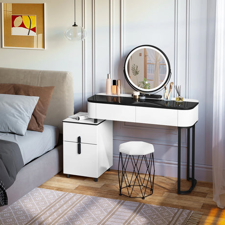 Moderne witte kaptafel van BukkitBow met LED-spiegel en velvet krukje, elegante en functionele make-up tafel.