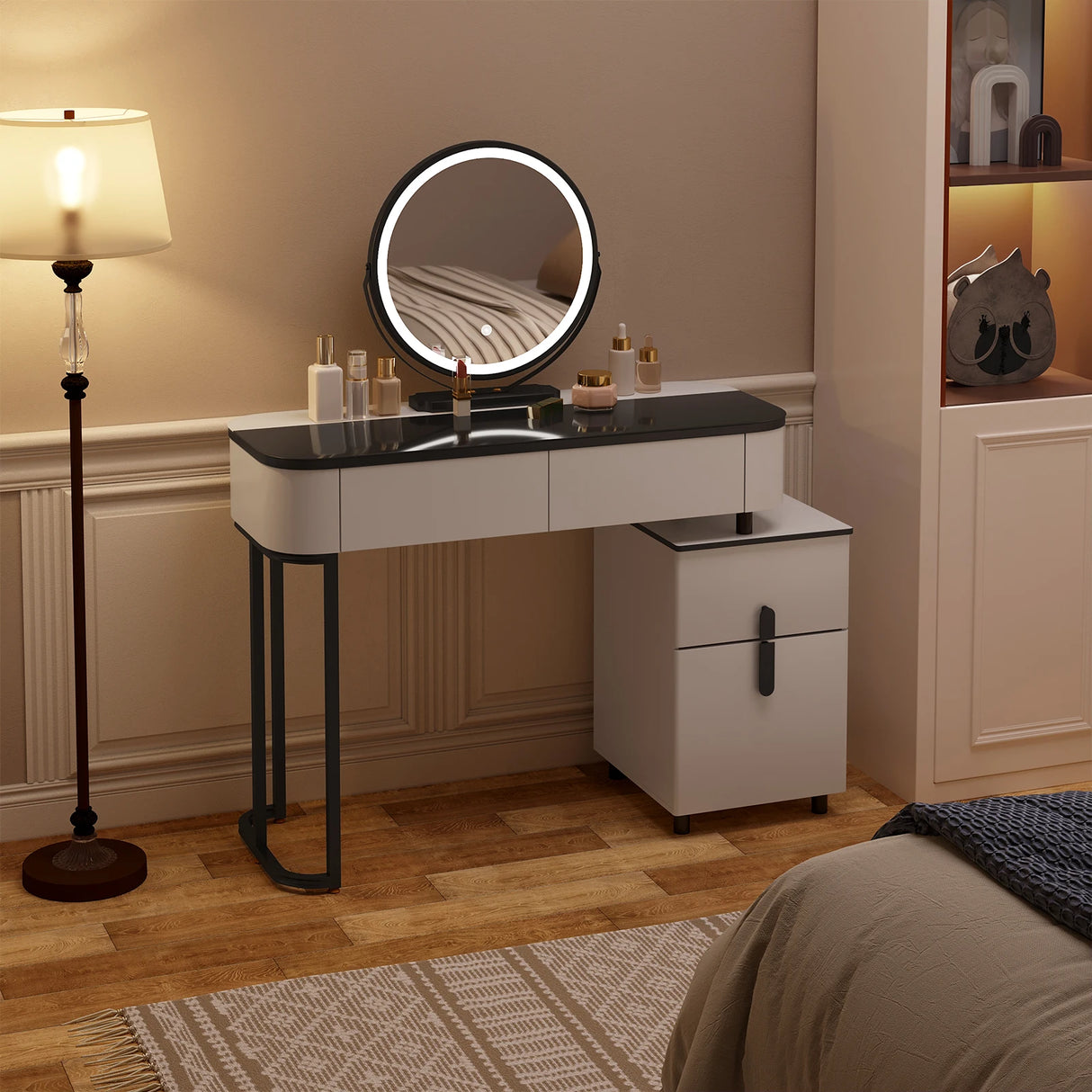 Moderne witte BukkitBow kaptafel met LED-spiegel en velvet krukje, stijlvolle make-up tafel voor dames.