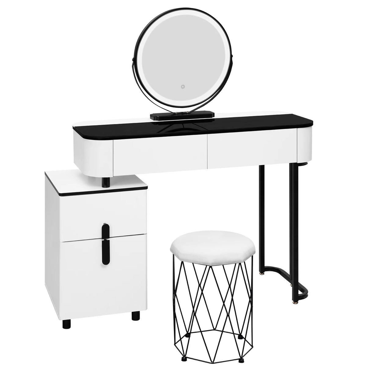 Moderne witte BukkitBow kaptafel met LED-spiegel en velvet krukje, elegante meubel voor make-up en schoonheidsrituelen