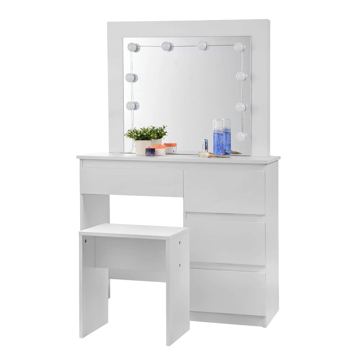 Moderne witte BukkitBow kaptafel met LED-spiegel, kruk en vier laden voor een stijlvolle slaapkamer of garderobe.