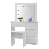 Moderne witte BukkitBow kaptafel met LED-spiegel, kruk en vier laden voor een stijlvolle slaapkamer of garderobe.
