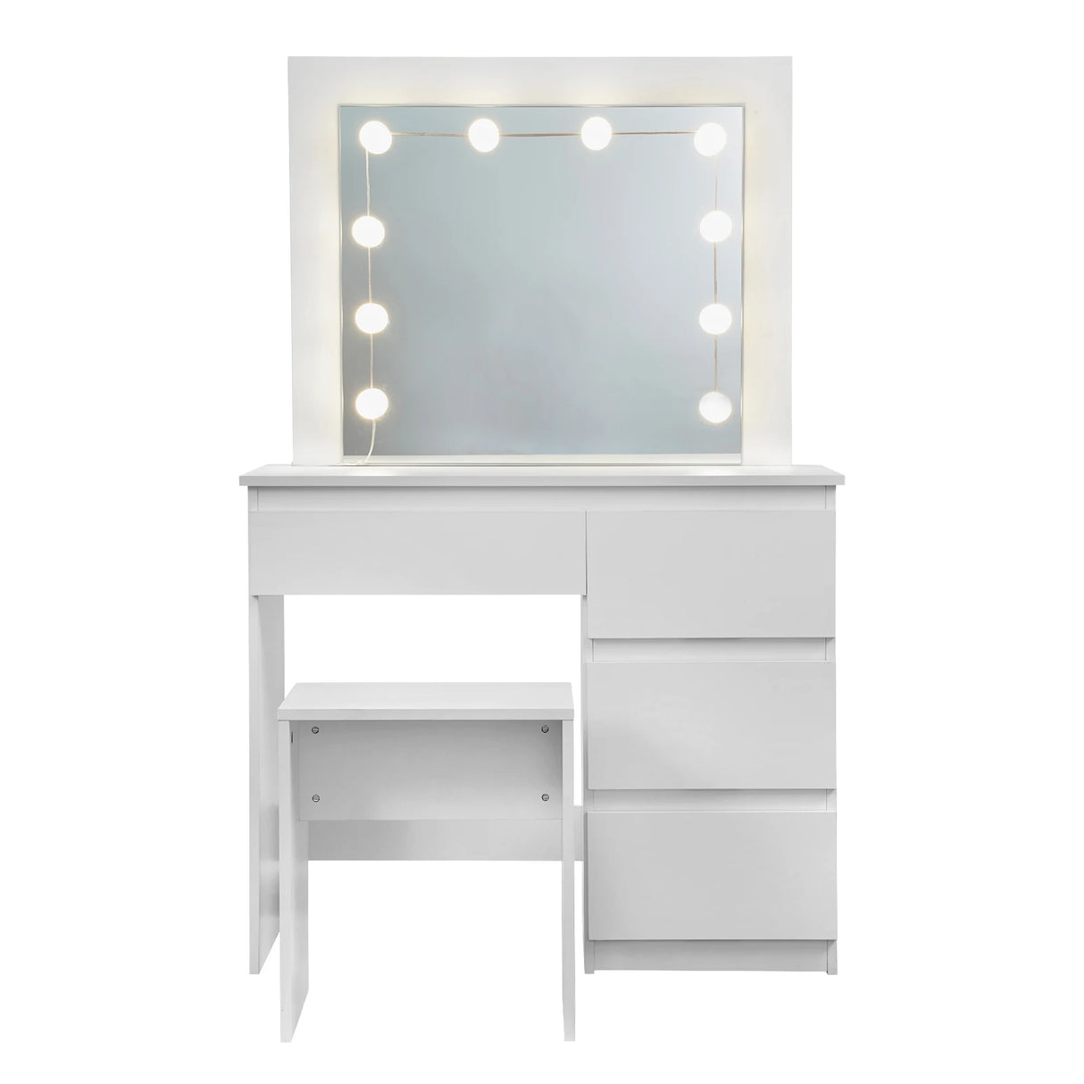 Moderne witte BukkitBow kaptafel met LED-spiegel, kruk en vier ladekasten, ideaal voor een stijlvolle slaapkamer of kleedkamer.
