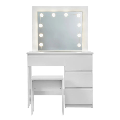 Moderne witte BukkitBow kaptafel met LED-spiegel, kruk en vier ladekasten, ideaal voor een stijlvolle slaapkamer of kleedkamer.