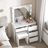 Moderne witte BukkitBow kaptafel met LED-spiegel, kruk en vier laden, geschikt voor stijlvolle slaapkamers en inloopkamers.