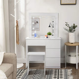 Moderne witte BukkitBow kaptafel met LED-spiegel, kruk en vier laden, perfect voor de slaapkamer of kleedkamer.