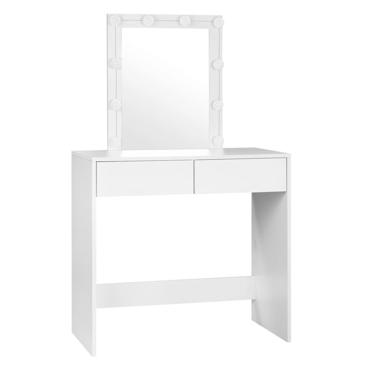 Moderne witte BukkitBow kaptafel met LED-verlichting en twee laden, geschikt voor slaapkamer of kleedruimte.