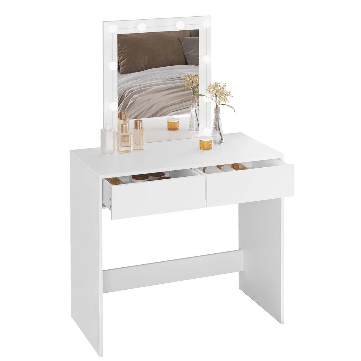 Moderne witte BukkitBow kaptafel met LED-verlichting en twee laden, ideaal voor een stijlvolle slaapkamer of kleedkamer.