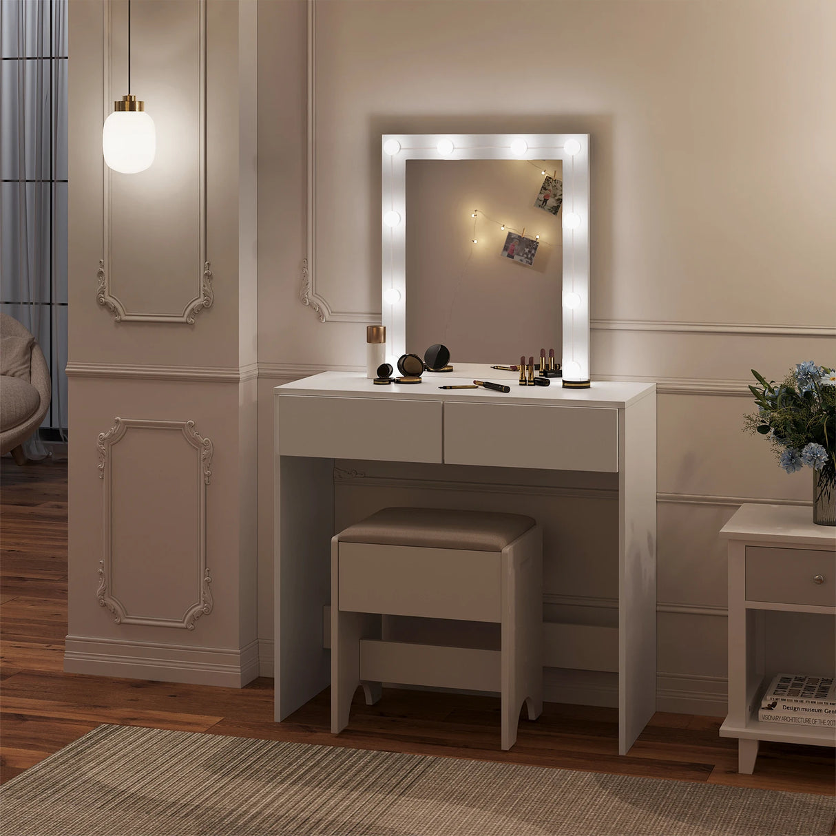 Moderne witte kaptafel van BukkitBow met LED-verlichting en twee laden, geschikt voor slaapkamer of kleedkamer.