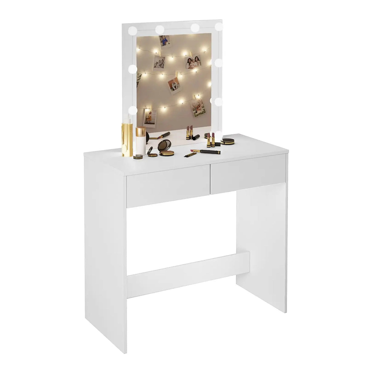 Moderne witte kaptafel van BukkitBow met LED-verlichting en twee laden, perfect voor een stijlvolle slaapkamer.