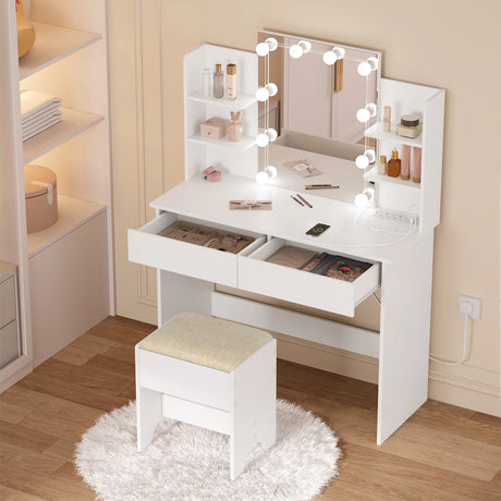 Moderne witte BukkitBow kaptafel met LED-verlichting en ingebouwd stopcontact, geschikt voor slaapkamer of kleedruimte.