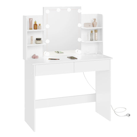 Moderne witte BukkitBow kaptafel met LED-verlichting en ingebouwd stopcontact, ideaal voor een stijlvolle slaapkamer of woonkamer.