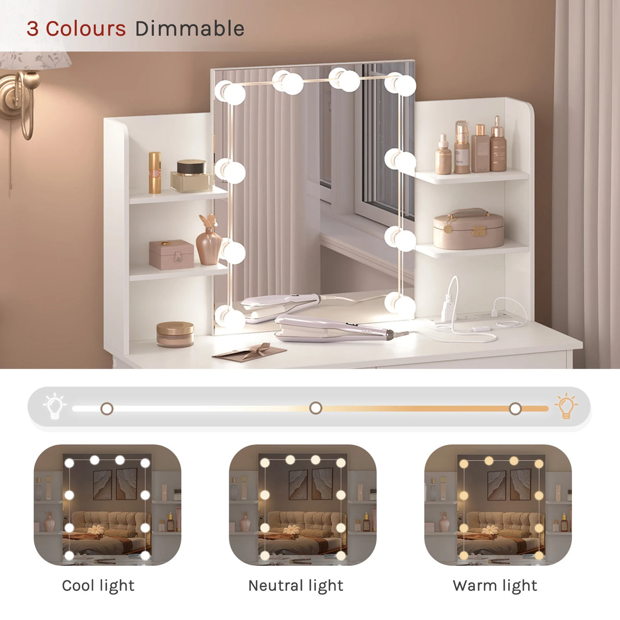 Moderne witte BukkitBow kaptafel met LED-verlichting en ingebouwd stopcontact, ideaal voor een stijlvolle en functionele slaapkamer.