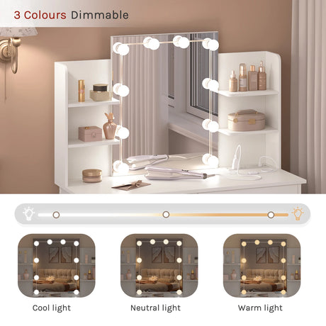 Moderne witte BukkitBow kaptafel met LED-verlichting en stopcontact, elegante meubel voor haarstyling en make-up.