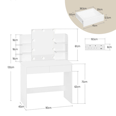 Moderne witte BukkitBow kaptafel met LED-verlichting en stopcontact, ideaal voor een stijlvolle slaapkamer of dressing.
