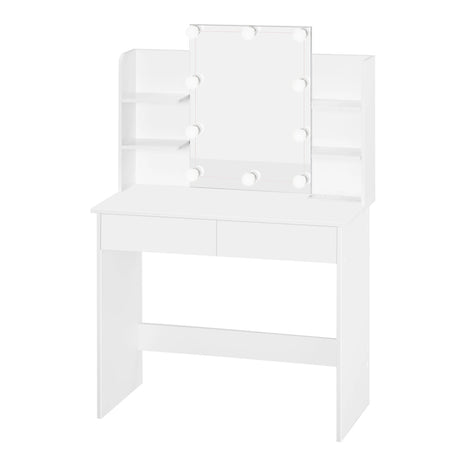 Moderne witte BukkitBow kaptafel met LED-verlichting en stopcontact, geschikt voor stijlvolle slaapkamers of kleedkamers.