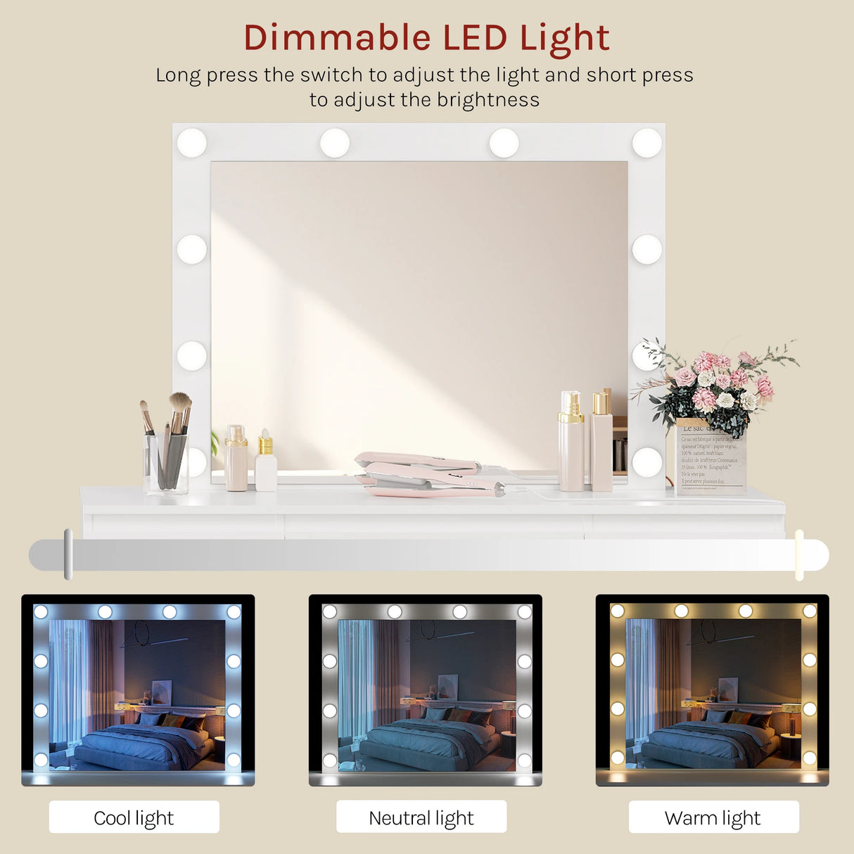 Moderne witte BukkitBow kaptafel met 7 laden, ingebouwd stopcontact en LED-verlichting, geschikt voor stijlvolle slaapkamers.