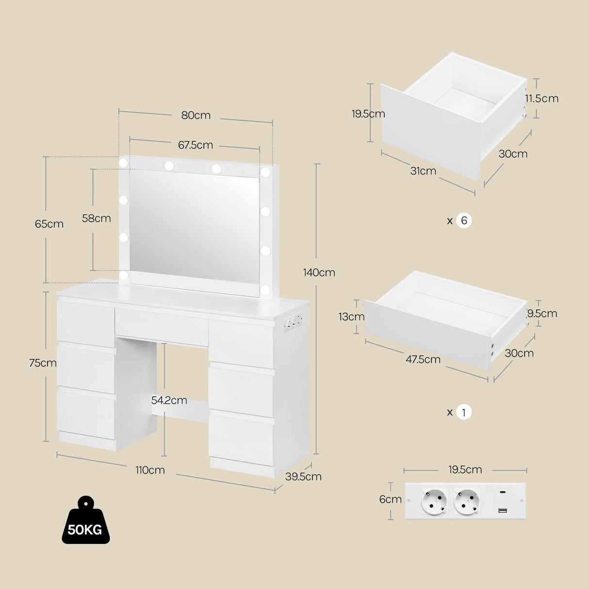 Moderne witte BukkitBow kaptafel met 7 laden, ingebouwd stopcontact en LED-verlichting, stijlvolle en functionele meubelstijl.