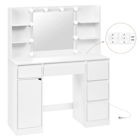 Moderne witte BukkitBow kaptafel met stopcontact en Hollywood-verlichting, inclusief spiegel en stijlvolle details.