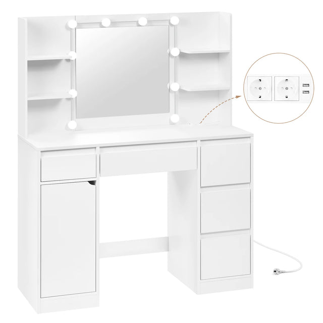 Moderne witte BukkitBow kaptafel met stopcontact en Hollywood-verlichting, inclusief spiegel en stijlvolle details.