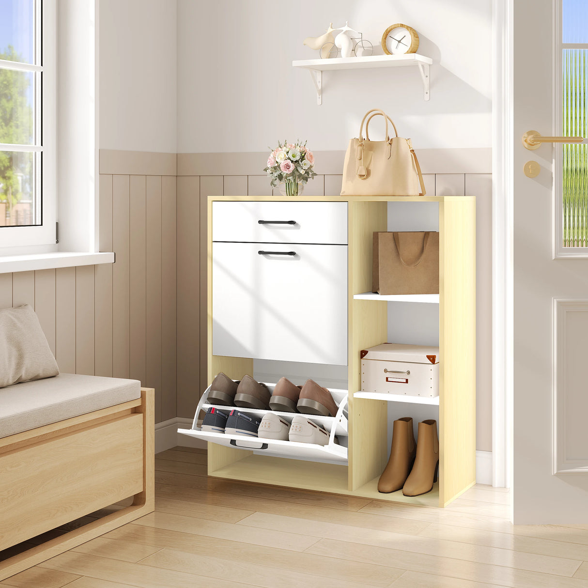 Moderne witte schoenenkast van BukkitBow met kantelbakken en lade, geschikt voor het opbergen van schoenen en accessoires.