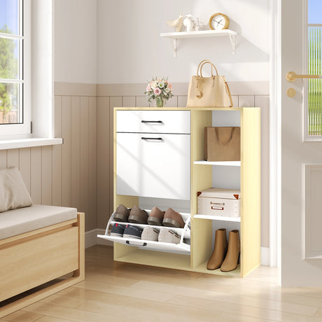 Moderne witte schoenenkast van BukkitBow met kantelbakken en lade, geschikt voor het opbergen van schoenen en accessoires.