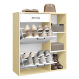 Moderne witte BukkitBow schoenenrek met kantelbakken en lade, geschikt voor het organiseren van schoenen en accessoires.