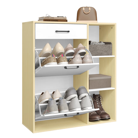 Moderne witte BukkitBow schoenenrek met kantelbakken en lade, geschikt voor het organiseren van schoenen en accessoires.