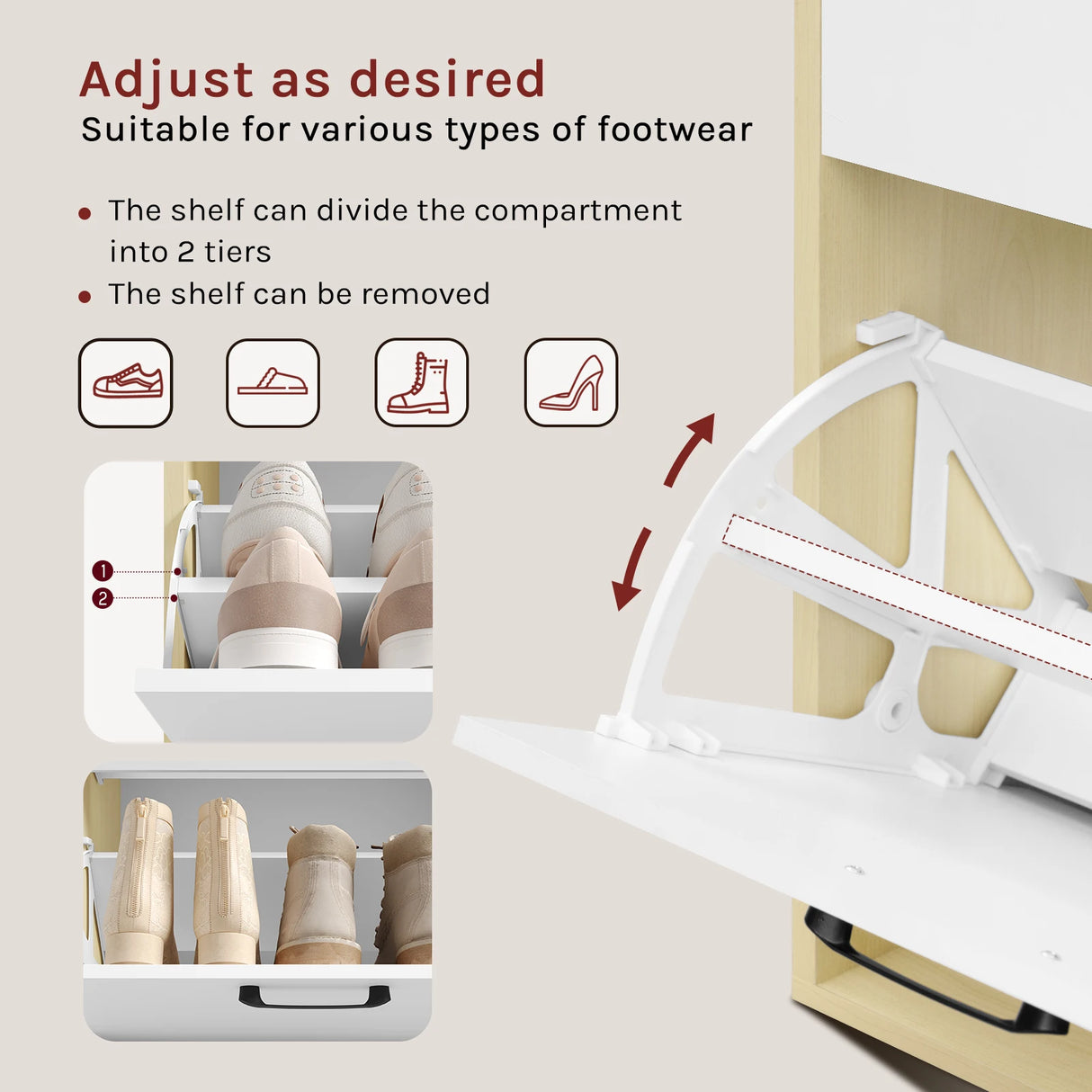 Moderne witte schoenenkast van BukkitBow met kantelbakken en lade, geschikt als schoenenrek, strak en functioneel design